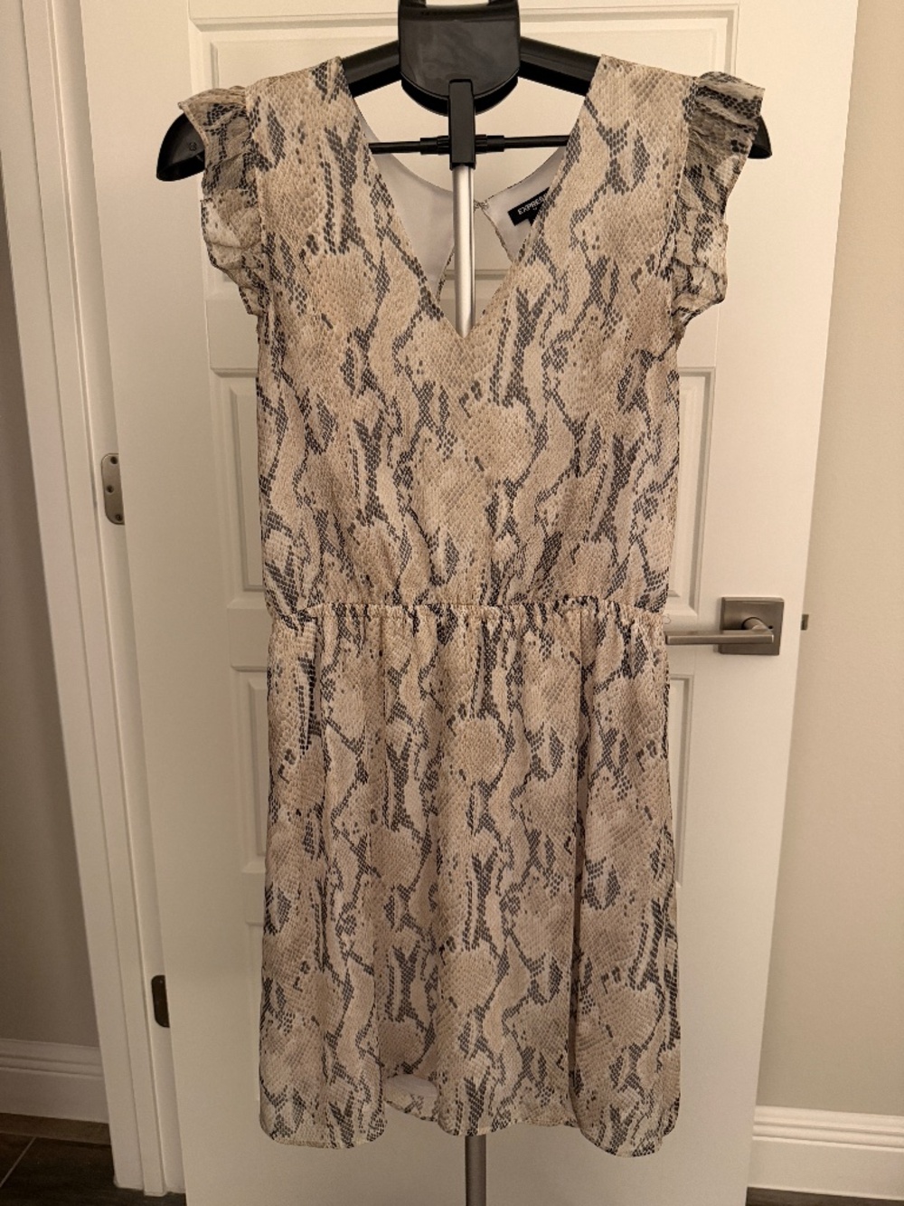 Express Snake-Print V-Neck Midi Dress in Beige and Gray